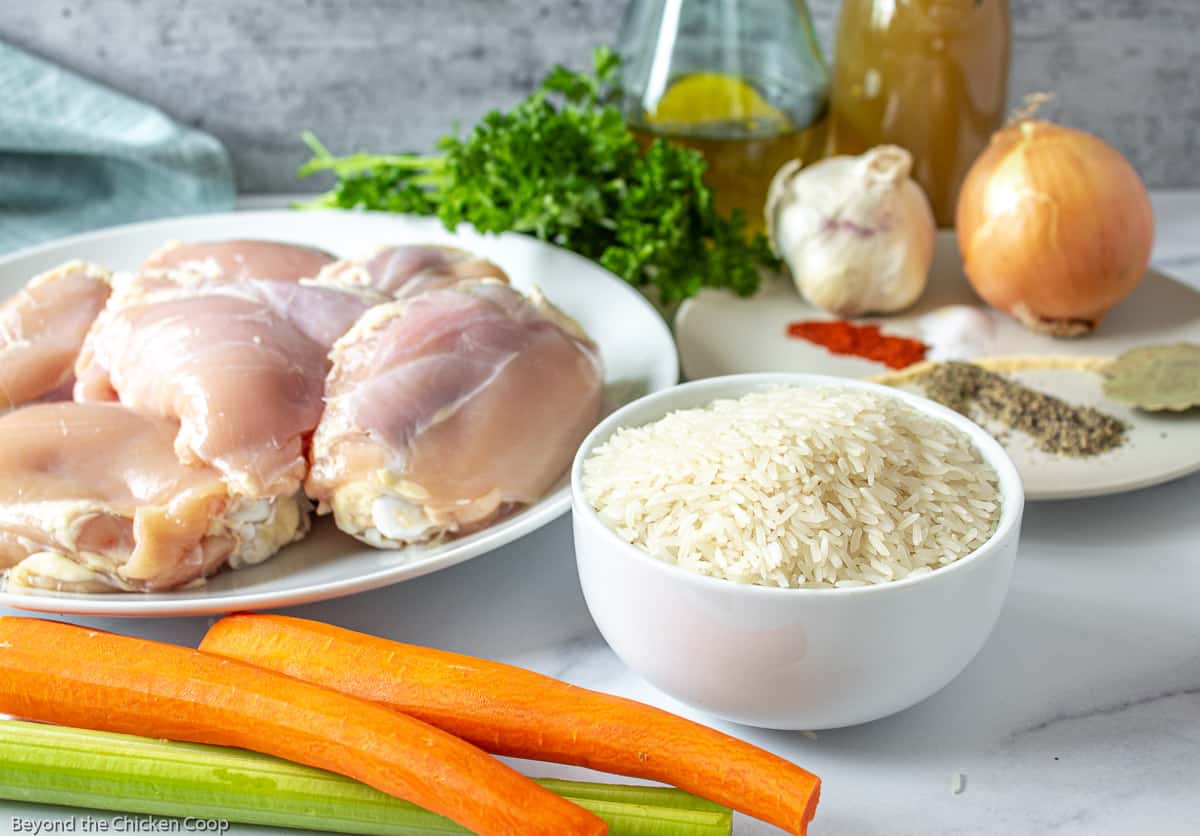 A display of white rice, raw chicken, carrots, celery onion and parsley on a white surface.