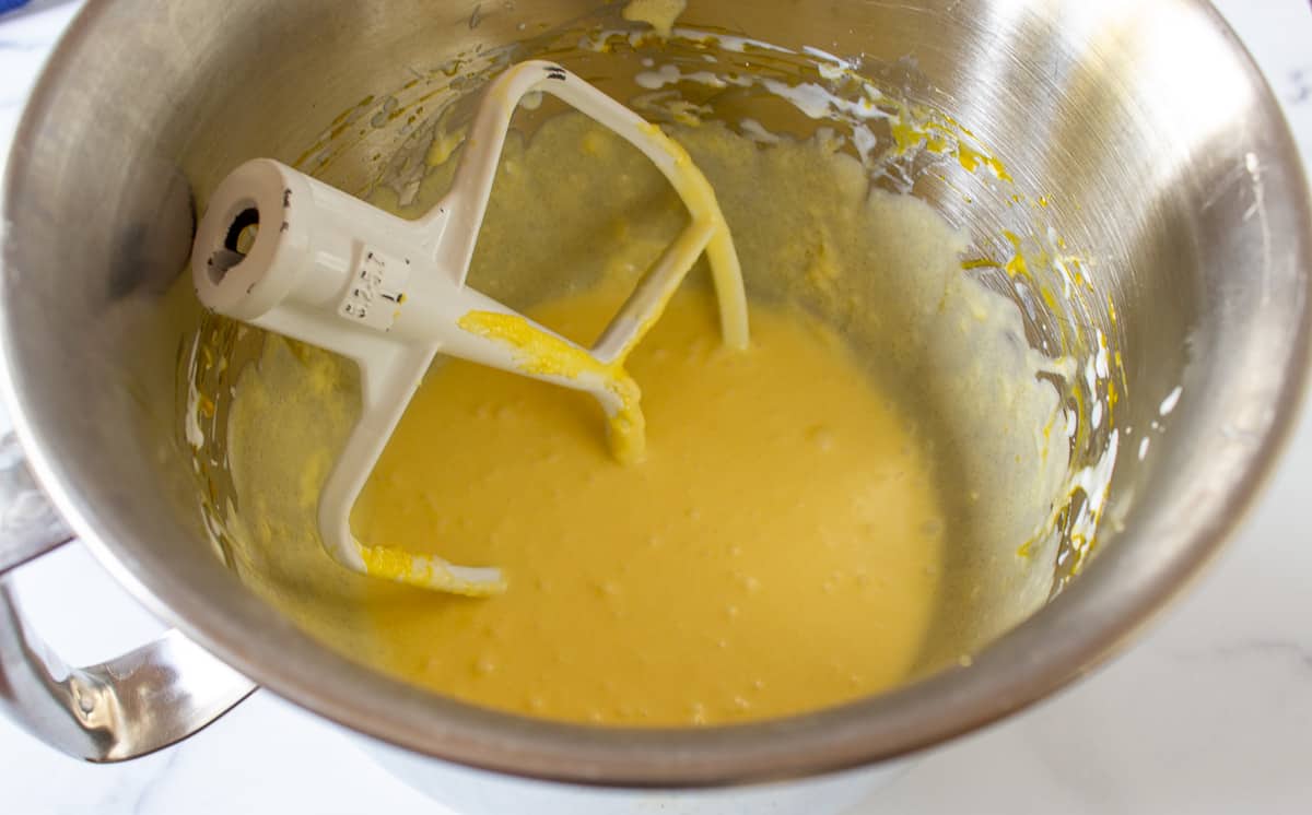 A liquid yellow mixture in a bowl.