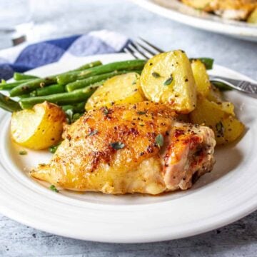 A golden chicken thigh on a white plate with roasted potatoes and green beans.