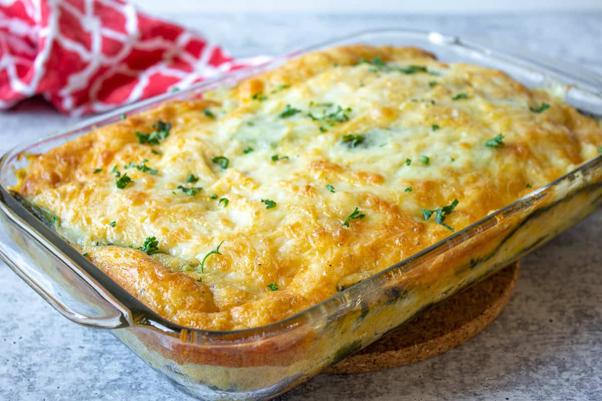 An egg casserole filled with green chilies.