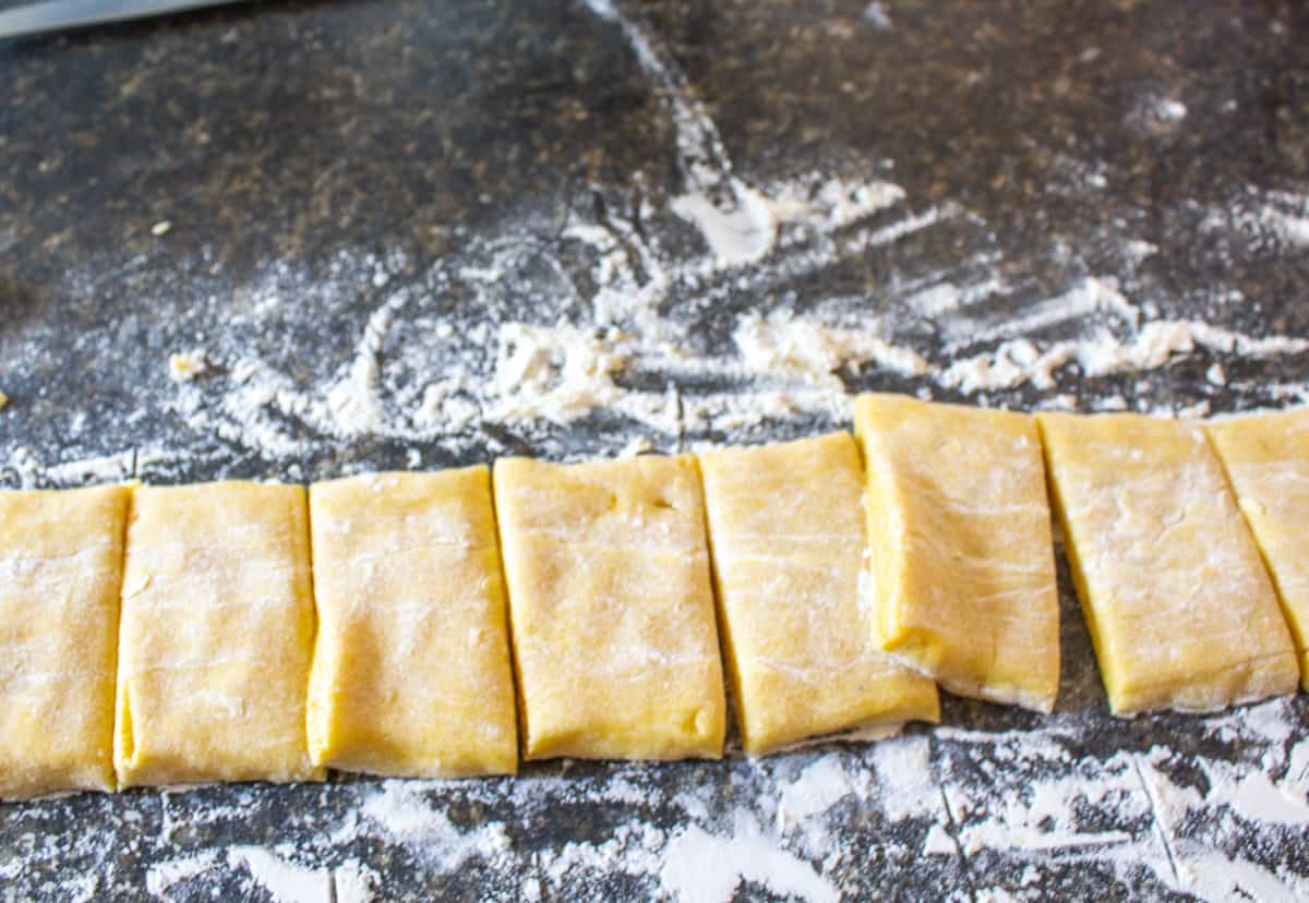 Dough cut into small rectangles.