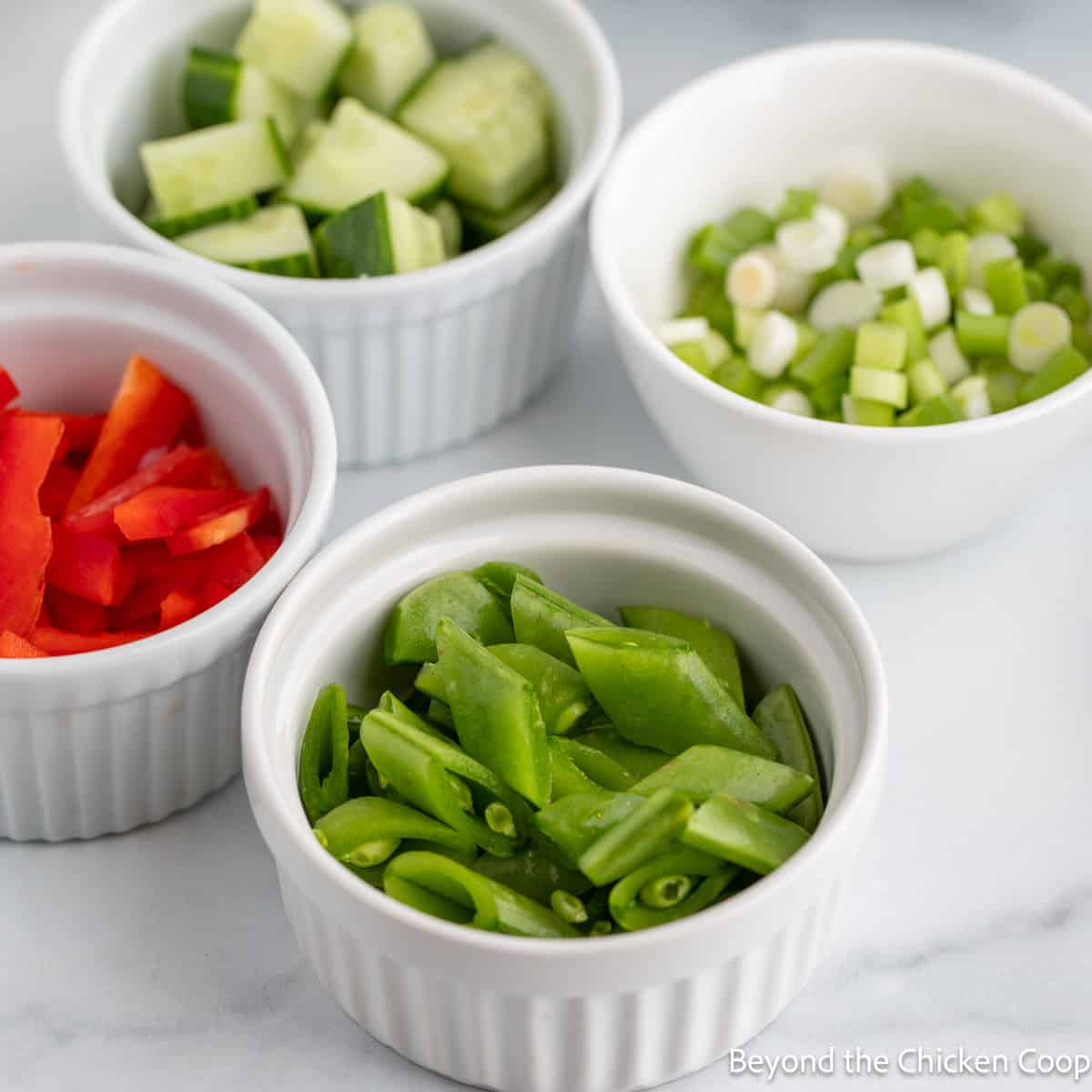 Chopped veggies in small bowls. 