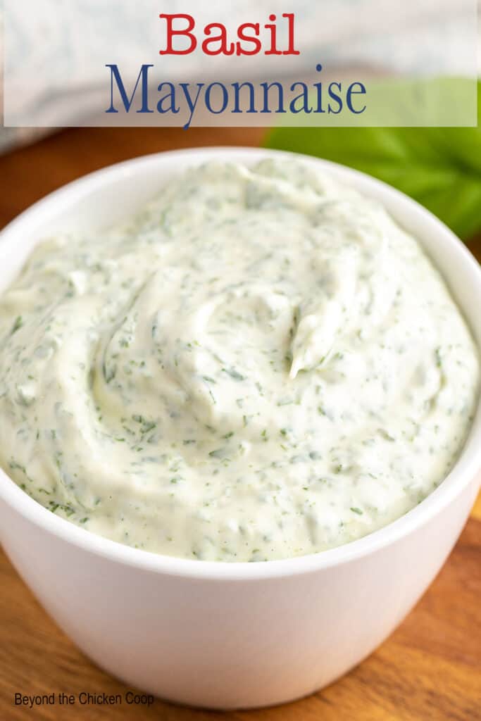 A bowl filled with basil aioli.