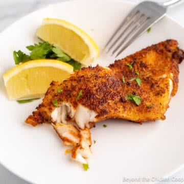 A seasoned fish fillet on a white plate.