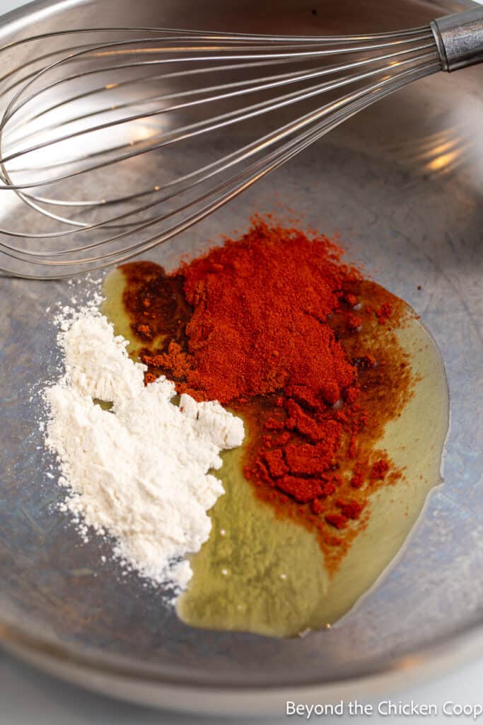 Paprika, flour and oil in a pan. 