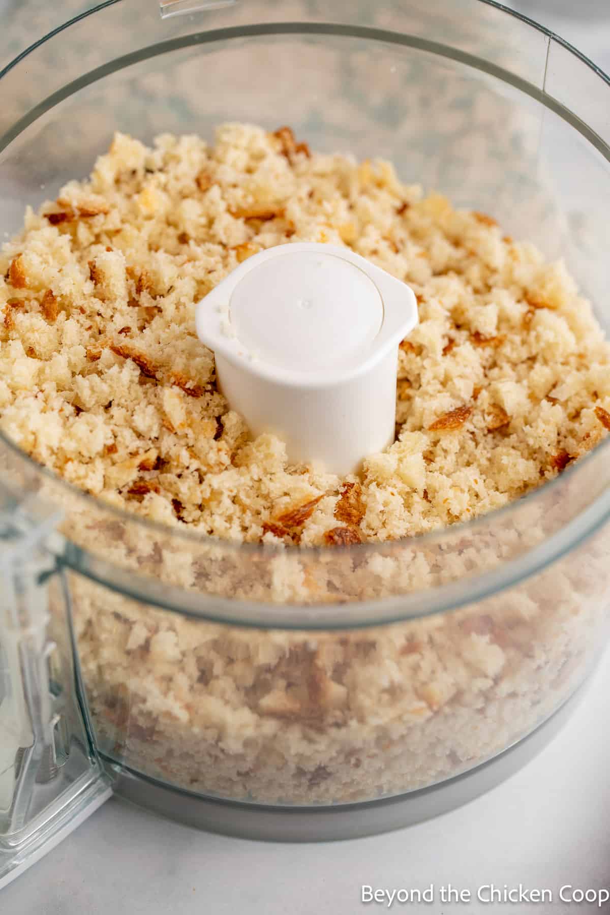 Finely chopped bread pieces in a food processor. 