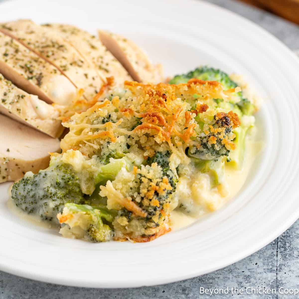 Broccoli gratin on a dinner plate. 