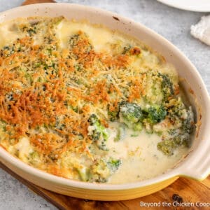 A broccoli casserole topped with toasted breadcrumbs.