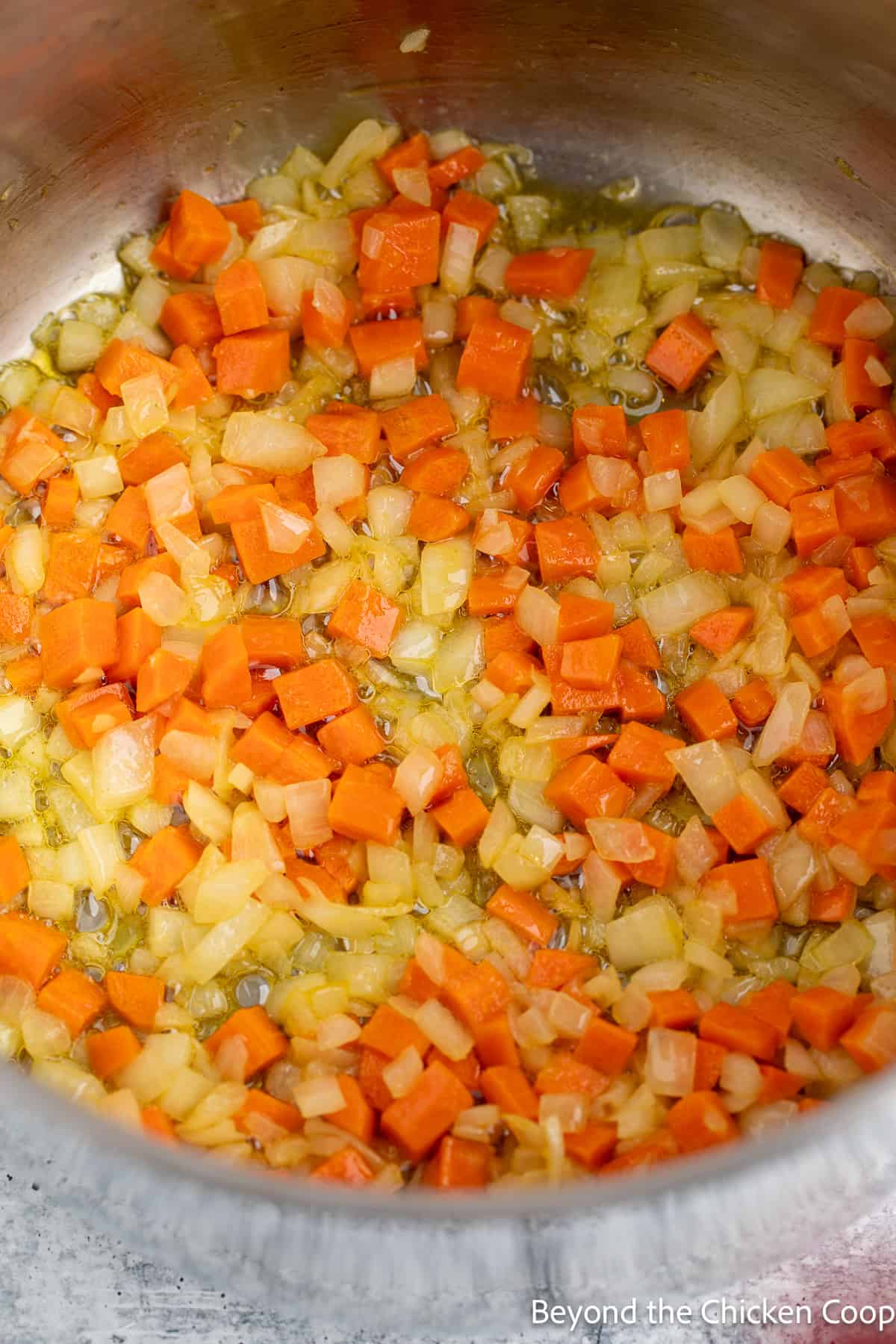 Cooking carrots and onions together in a pot. 