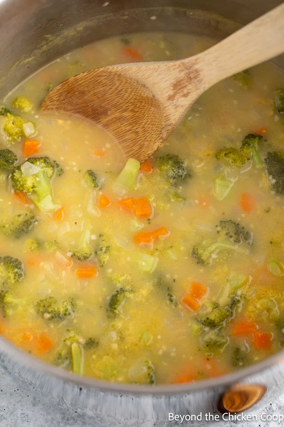 Cooked broccoli and chunks of carrots in a soup. 