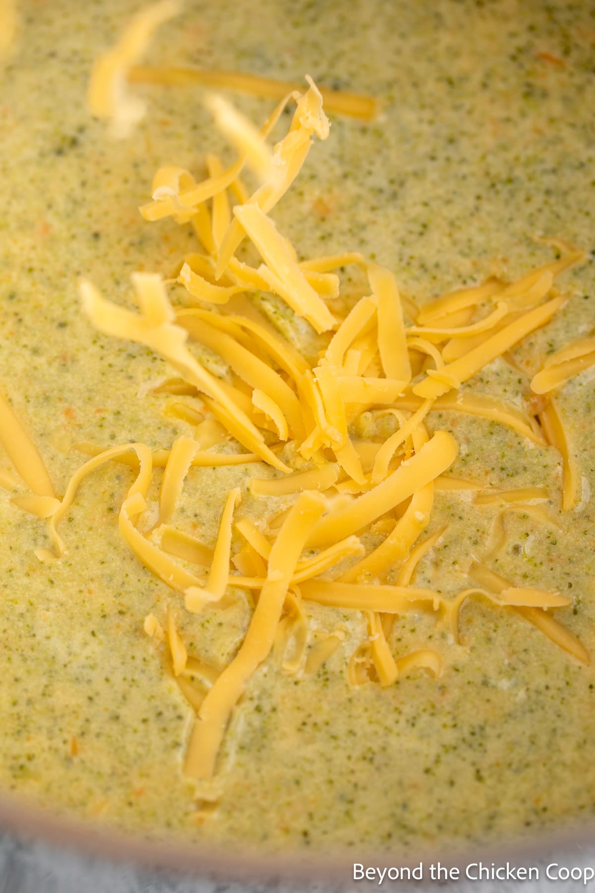 Adding shredded cheese to broccoli soup. 