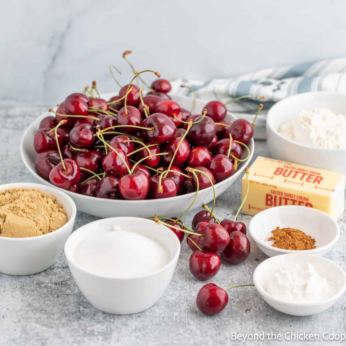 Ingredients for making a cherry crumble. 