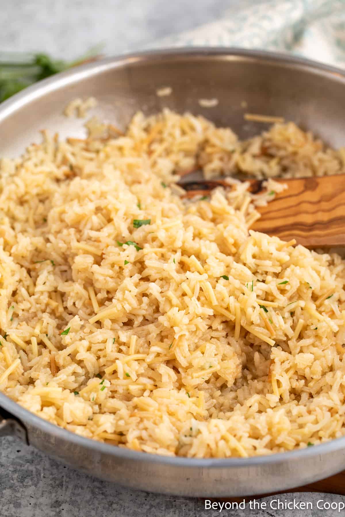 Rice pilaf in a saucepan. 