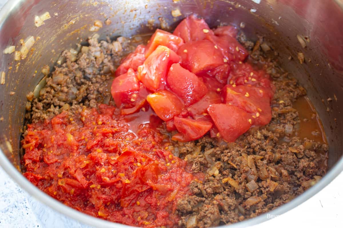 Chopped tomatoes and tomato sauce on top of cooked burger.