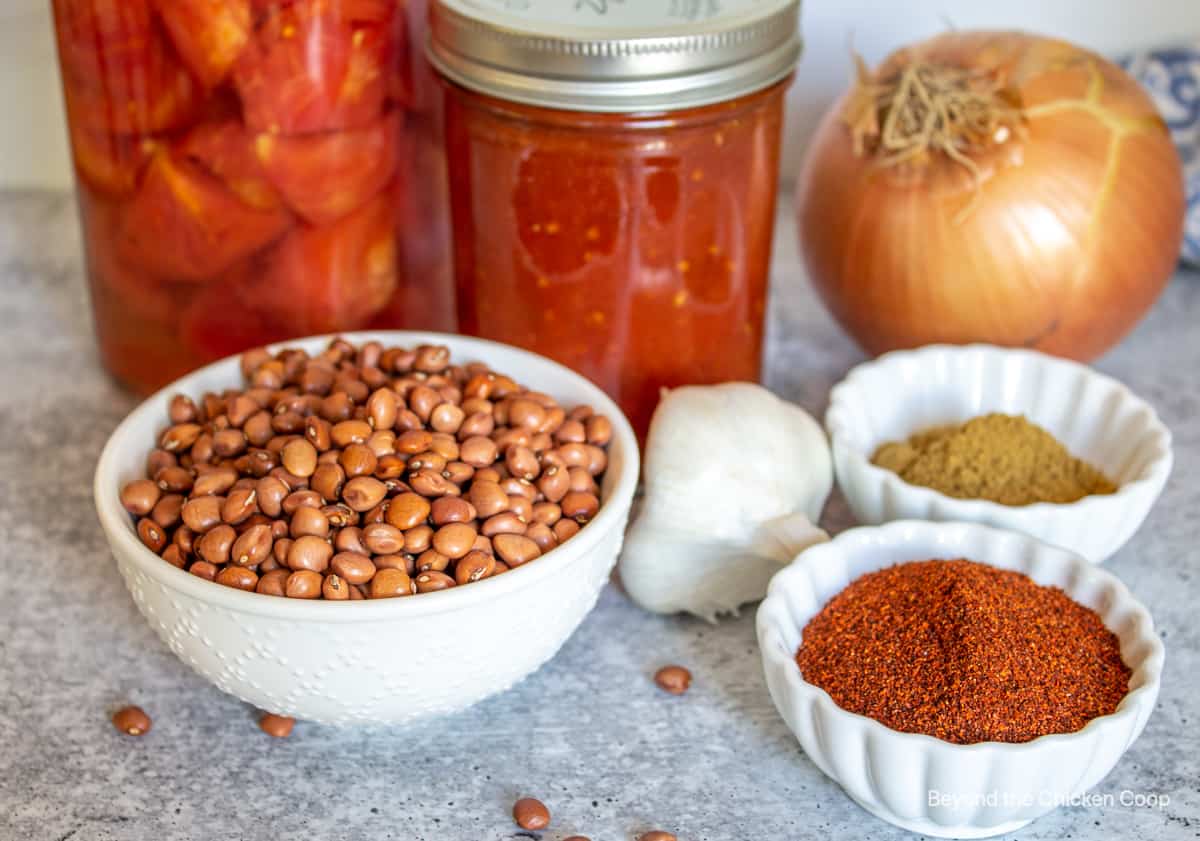 Small bowls filled with dried beans, chili powder, cumin and jars of tomatoes.