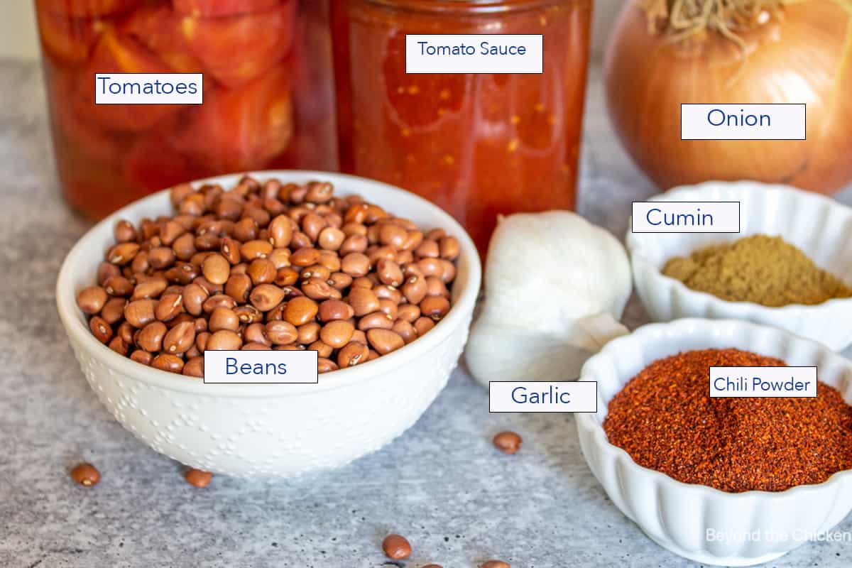 Small white bowls filled with dried beans, seasoning and jars filled with tomatoes.