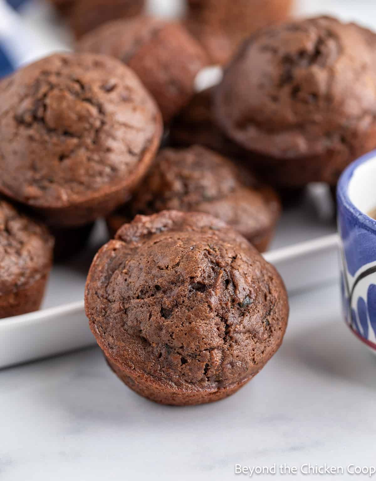 Chocolate muffins on a plate. 