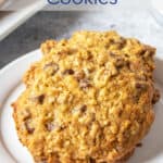 Two large cookies with oats and chocolate chips on a white plate.