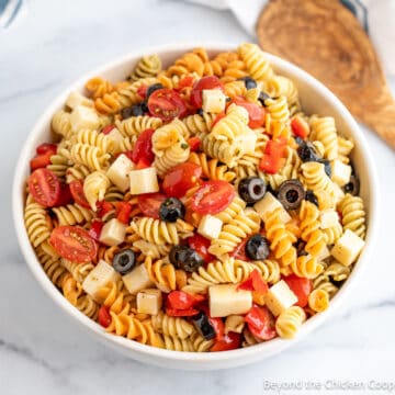 Pasta salad with tomatoes and cubes of cheese.