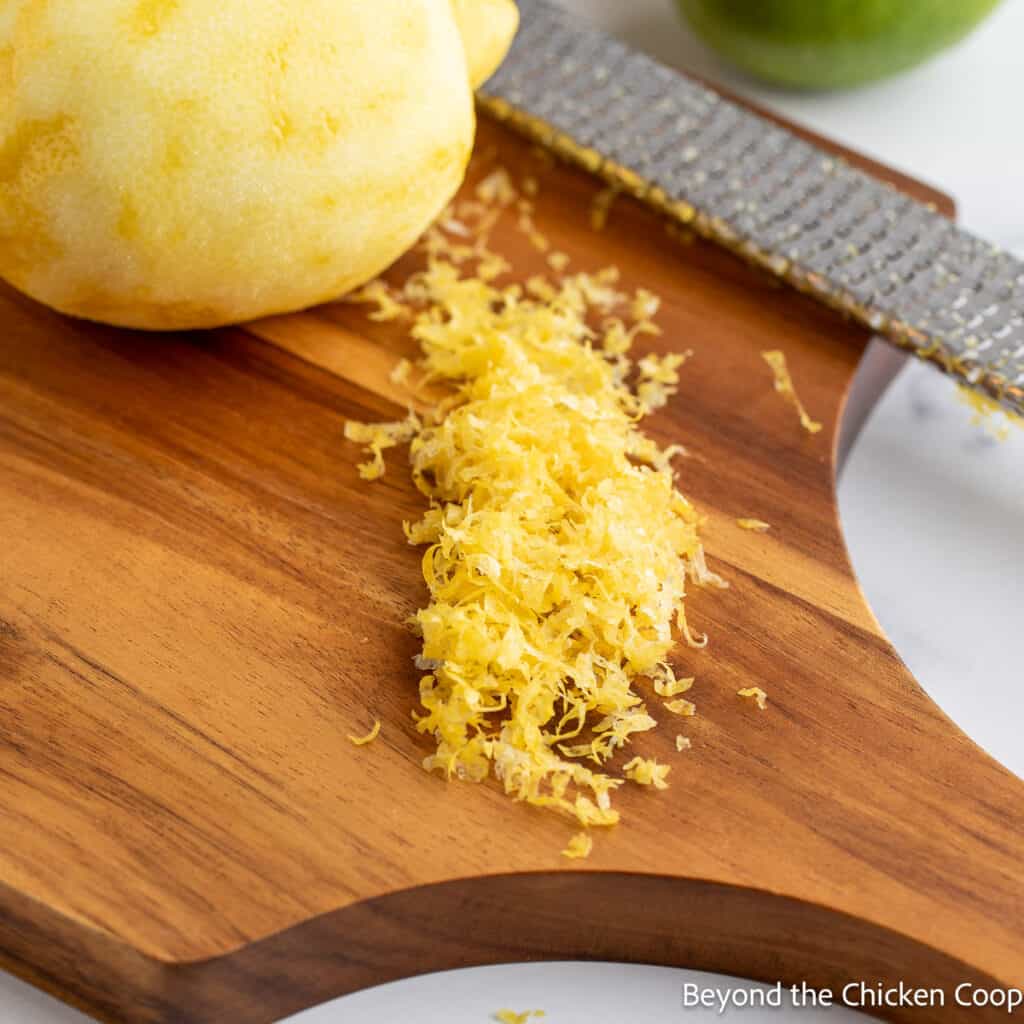 Lemon zest on a board. 