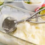 Lime sorbet in a glass dish.