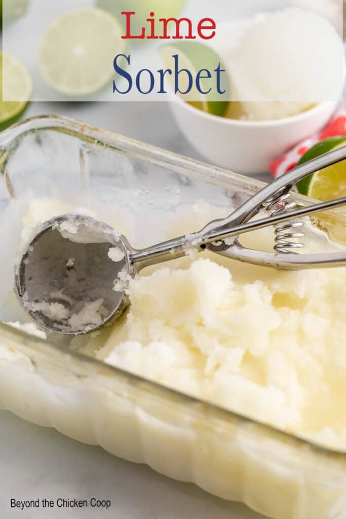 Lime sorbet in a glass dish.
