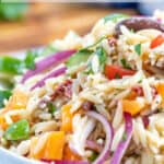 A bowl filled with Greek pasta salad.