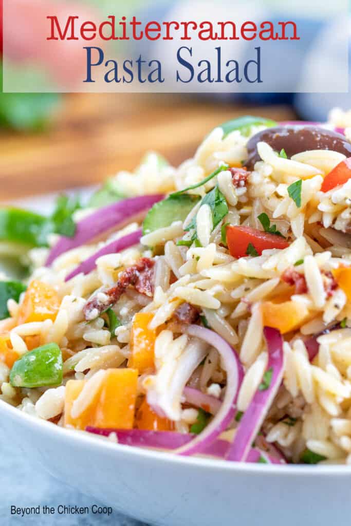 A bowl filled with Greek pasta salad.