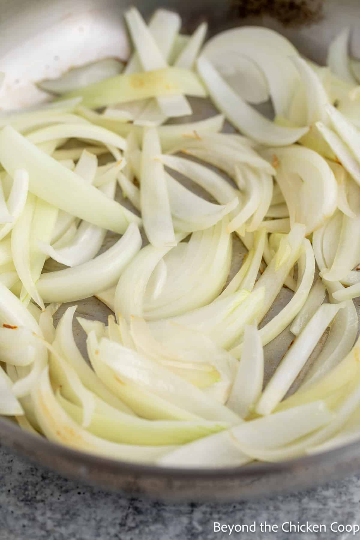 Sliced onions in a pan. 