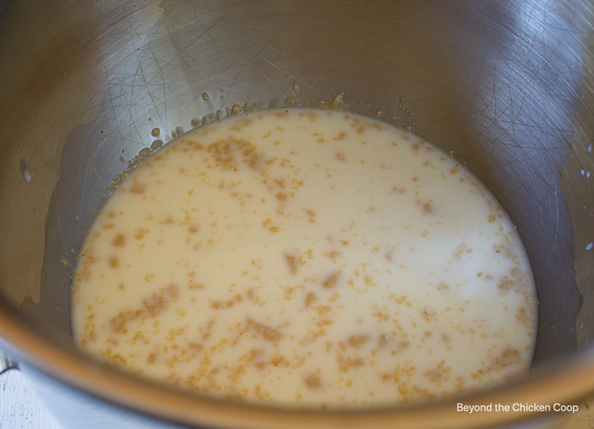 Yeast added to milk in a mixing bowl.