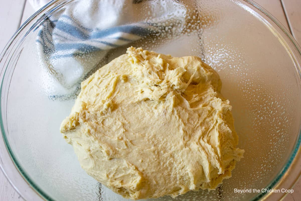 Bread dough in a glass bowl.