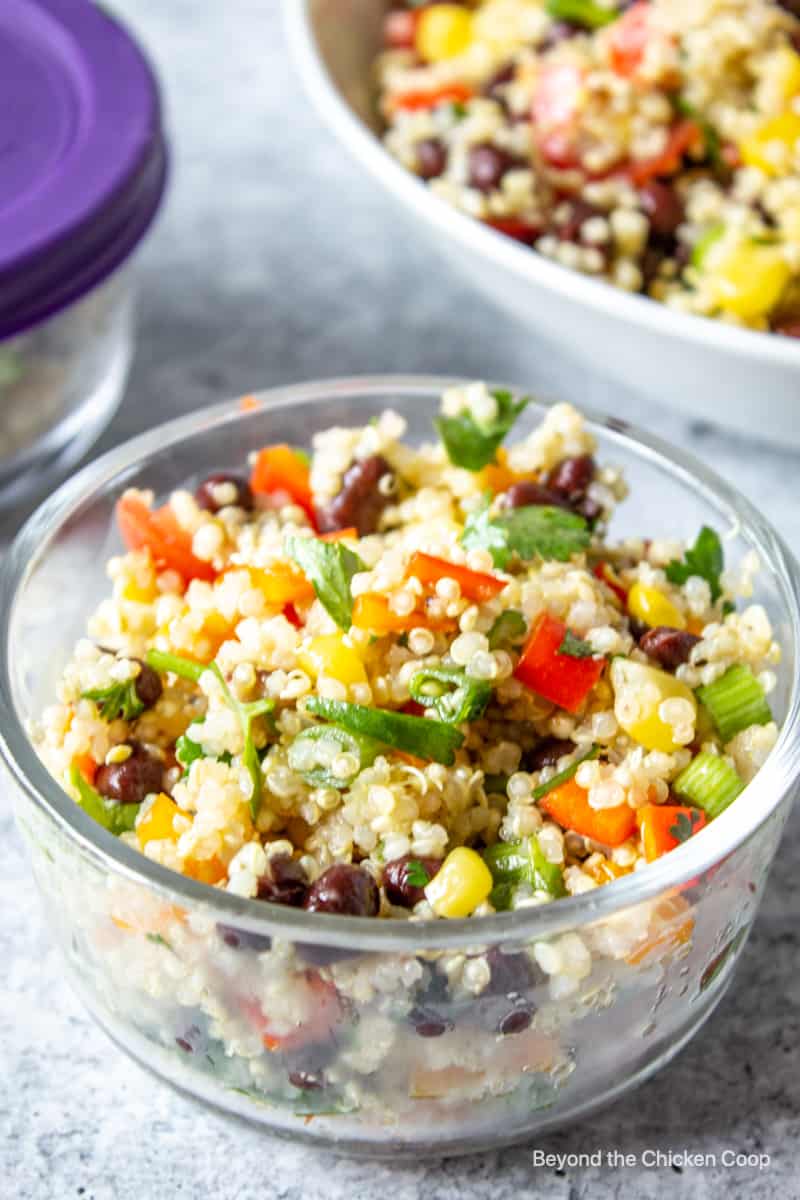 A small glass dish filled with Southwest Quinoa Salad.