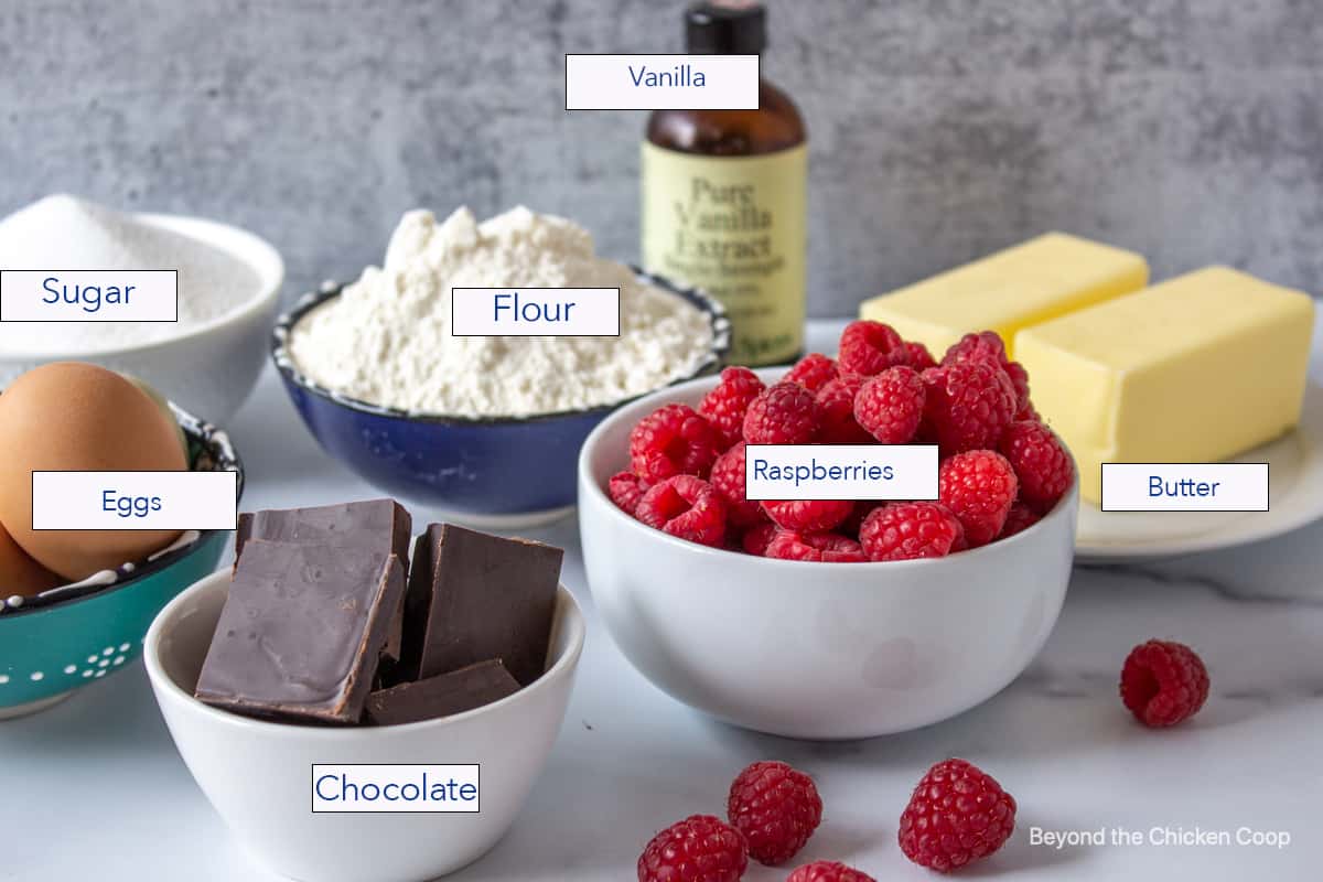 Small bowls filled with chocolate, raspberries, flour and sugar.