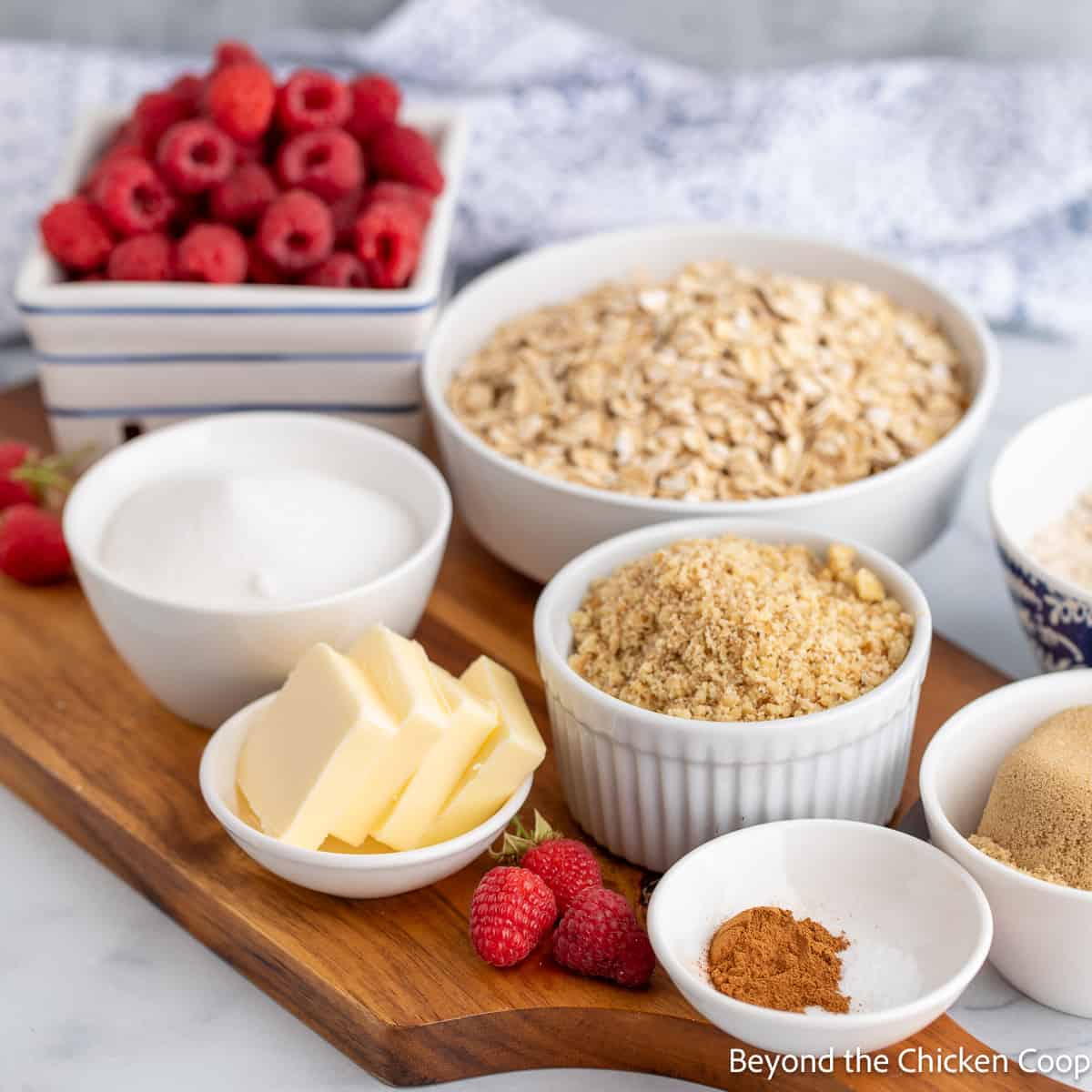Ingredients for making a raspberry crisp. 