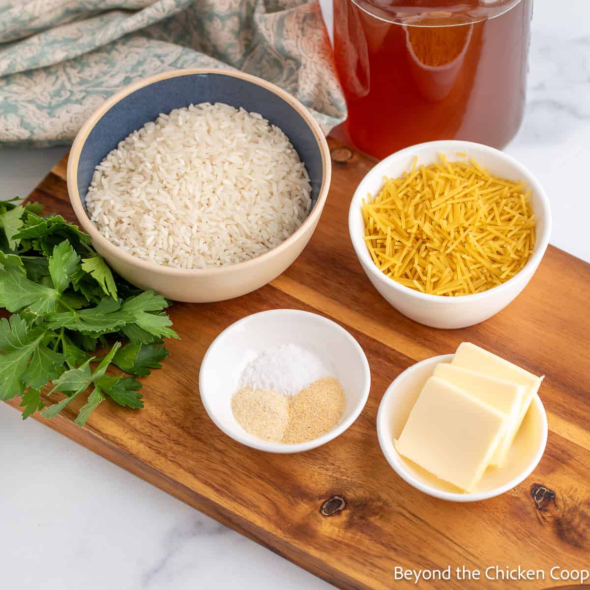 Ingredients for making rice pilaf. 