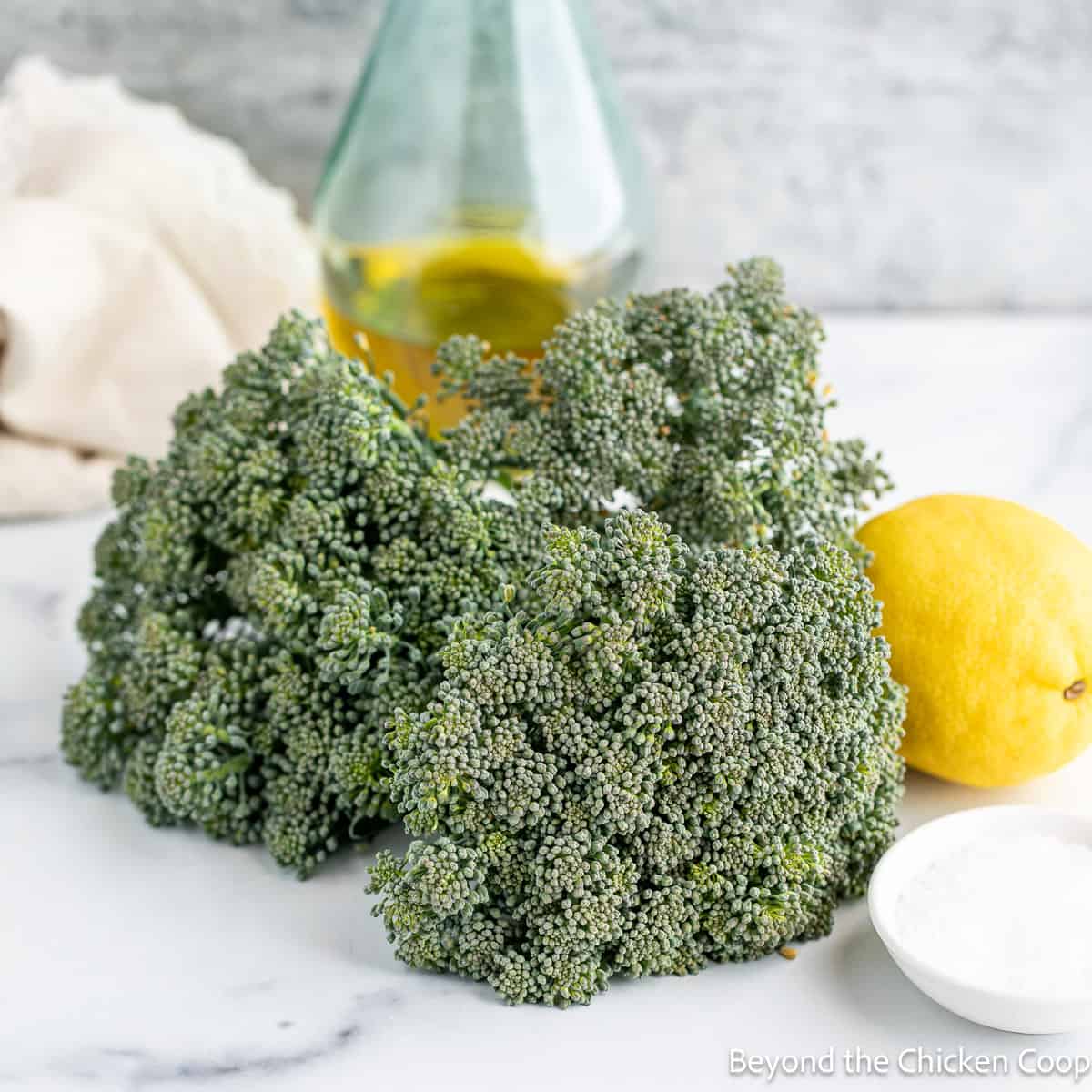 Heads of broccoli, a fresh lemon and a bottle of olive oil. 