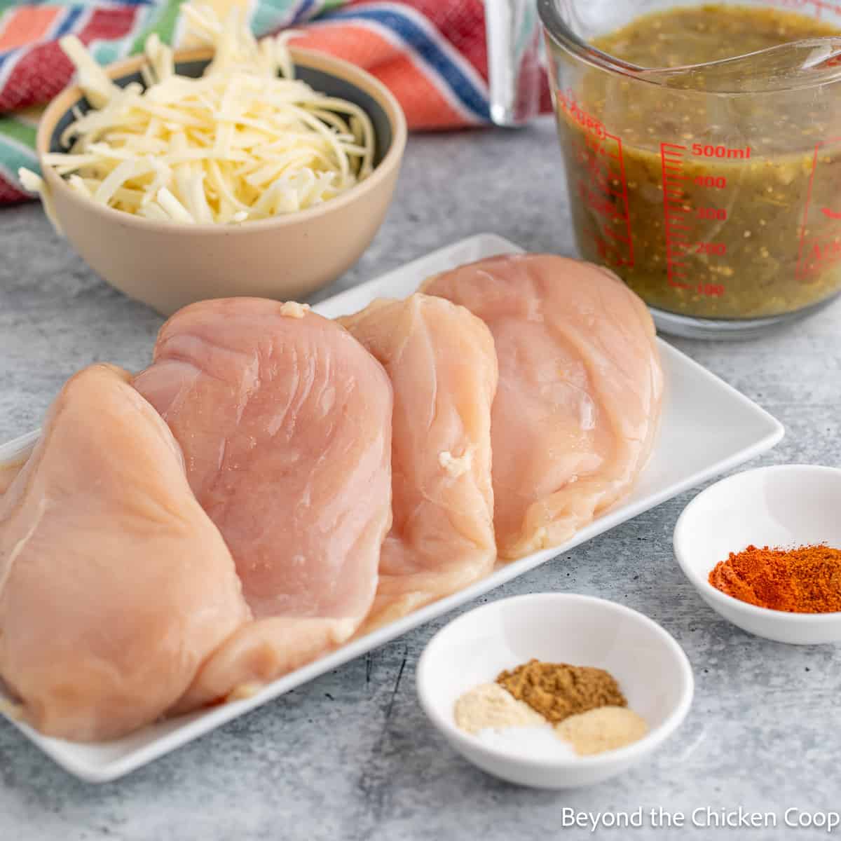 Ingredients for making a chicken dish with green salsa. 