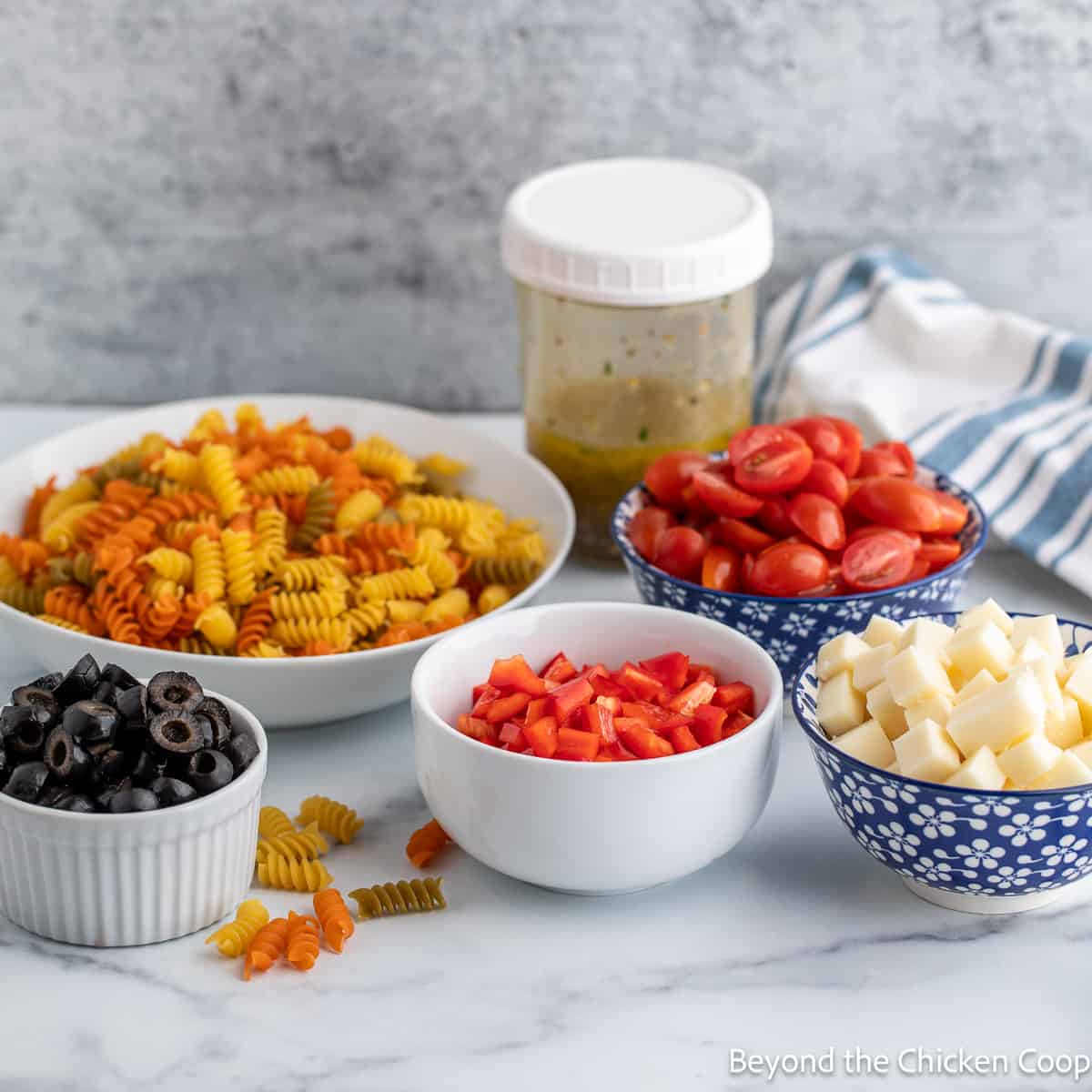 Ingredients for making a pasta salad. 