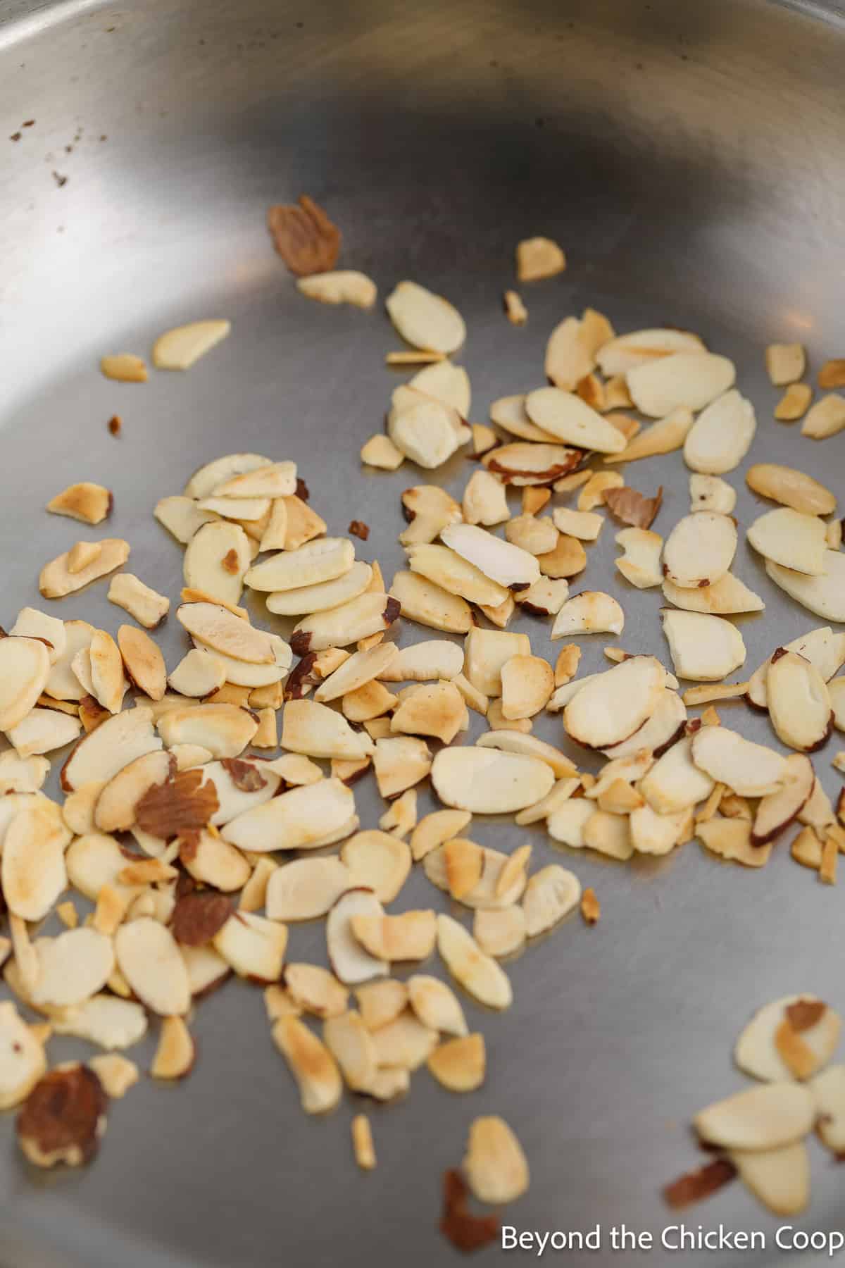 Sliced almonds in a pan. 