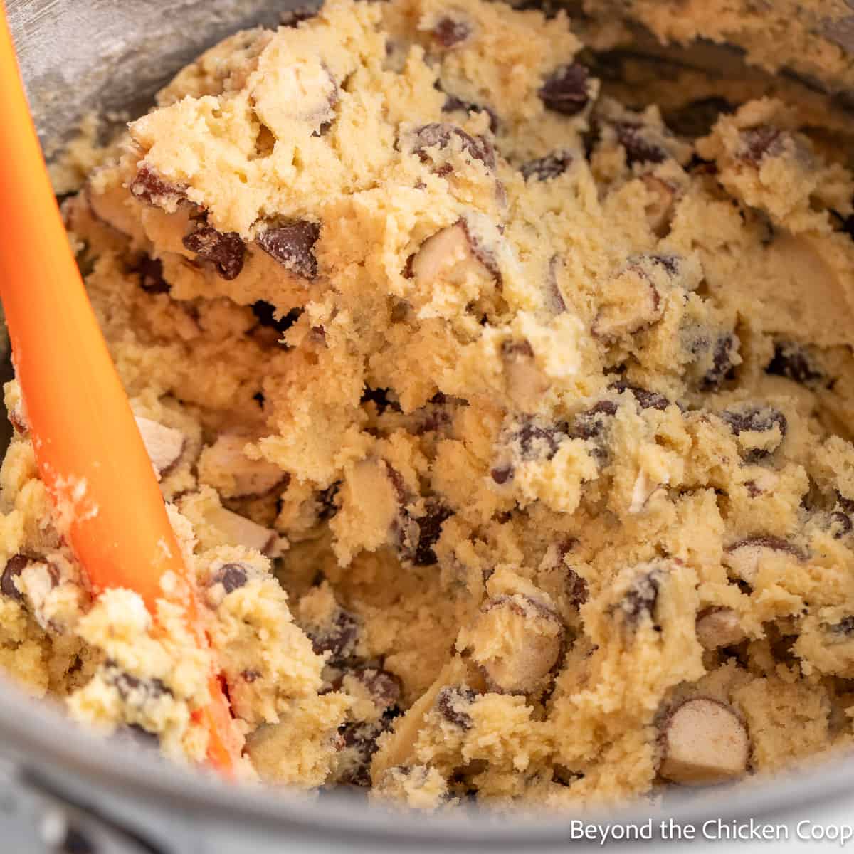 Mixed cookie dough with chocolate chips in a bowl. 