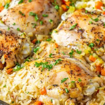 Chicken thighs cooked with rice pilaf.