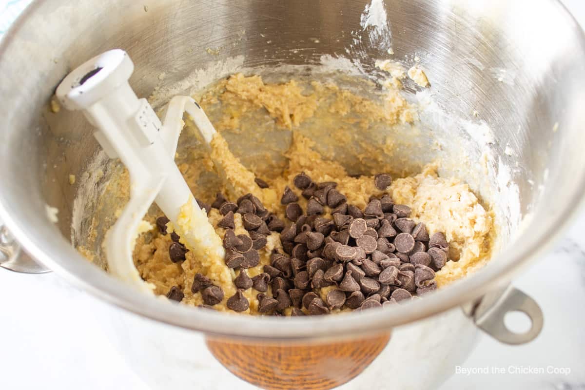 Batter in a mixing bowl with chocolate chips.