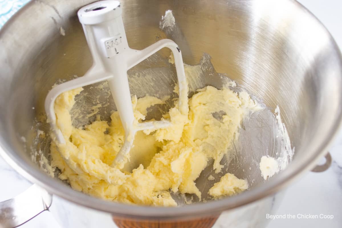 Creamed butter and sugar in a mixing bowl.