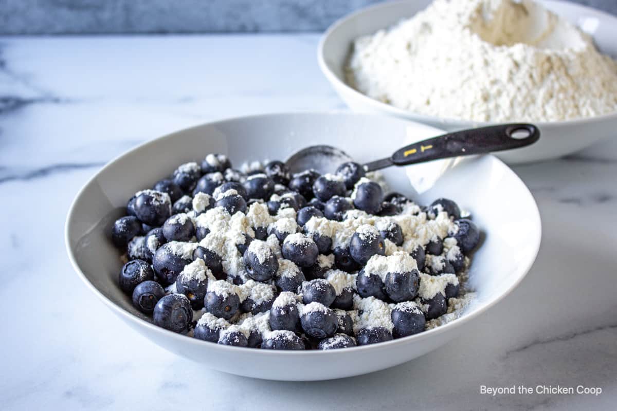 A bowl of blueberries mixed with flour.