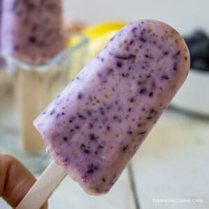 A blueberry popsicle on a stick.