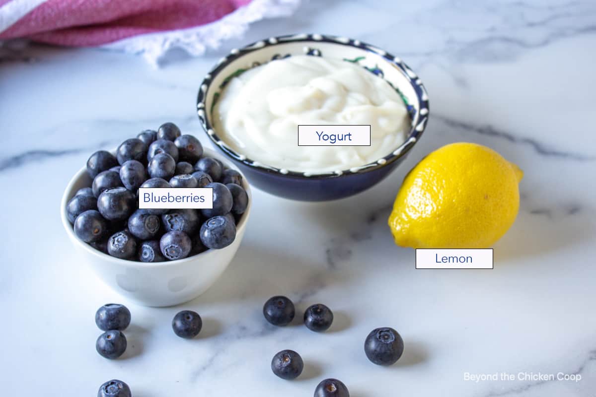 A bowlful of blueberries along with a bowl of yogurt and a fresh lemon.