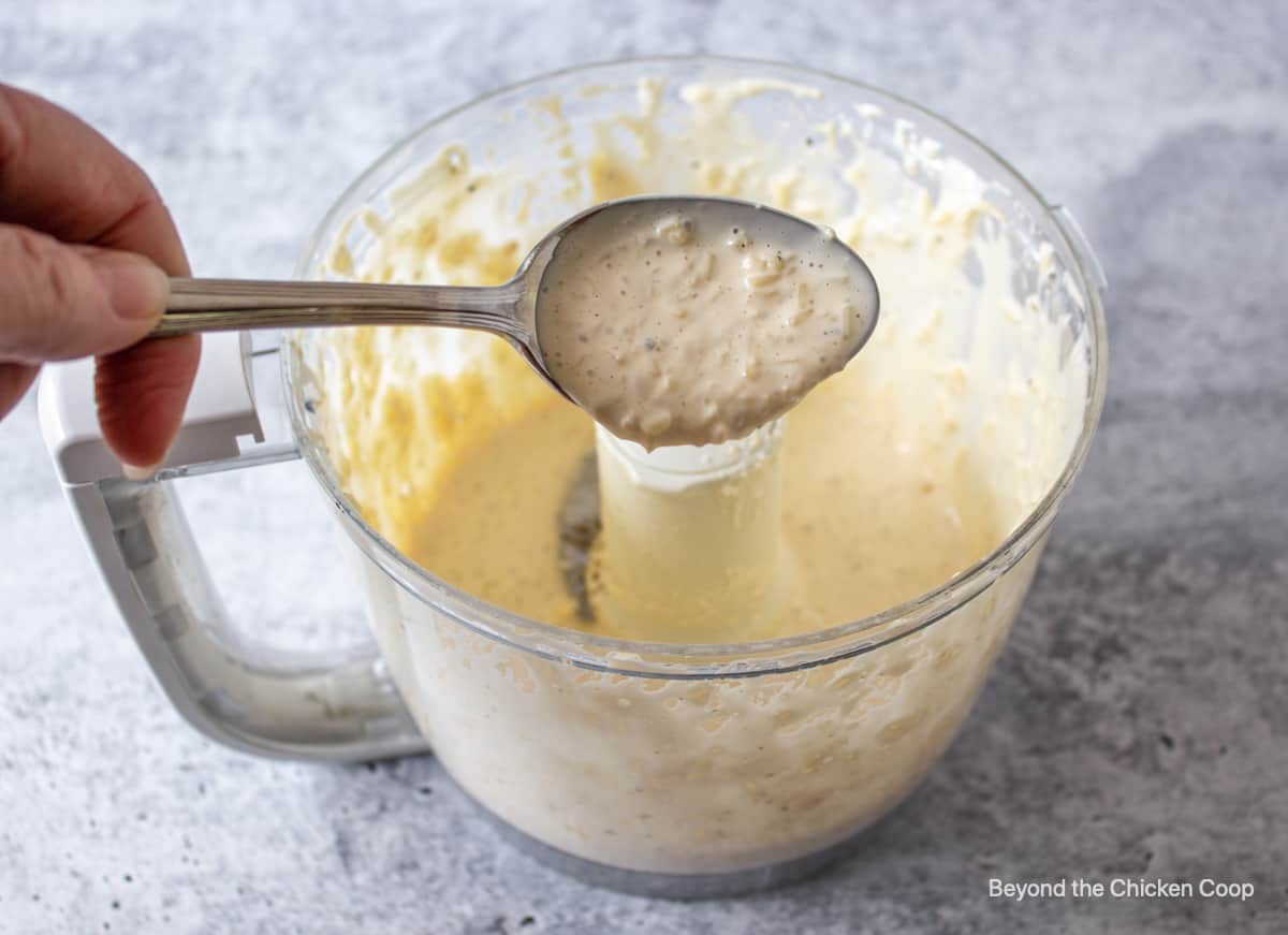 A spoon filled with creamy salad dressing. 