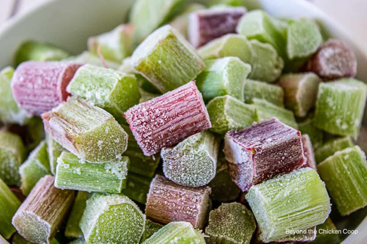 Frozen rhubarb piled into a bowl.