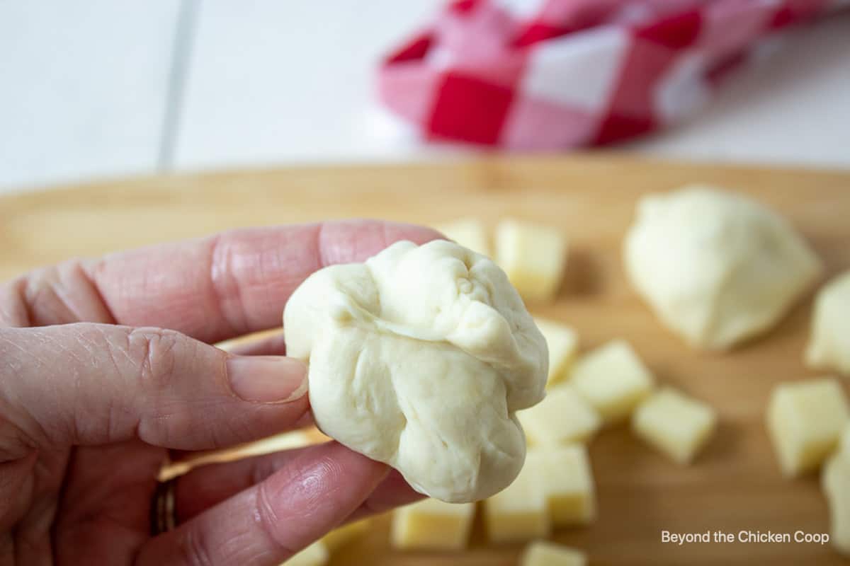 A round piece of bread dough held in one hand.