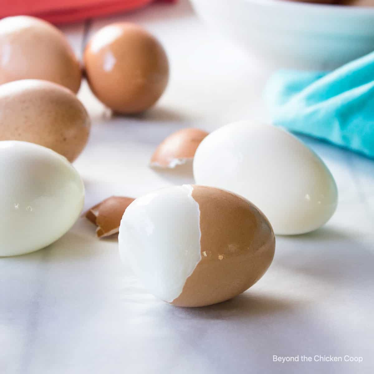 Instant Pot Hard boiled eggs with half the shell off.